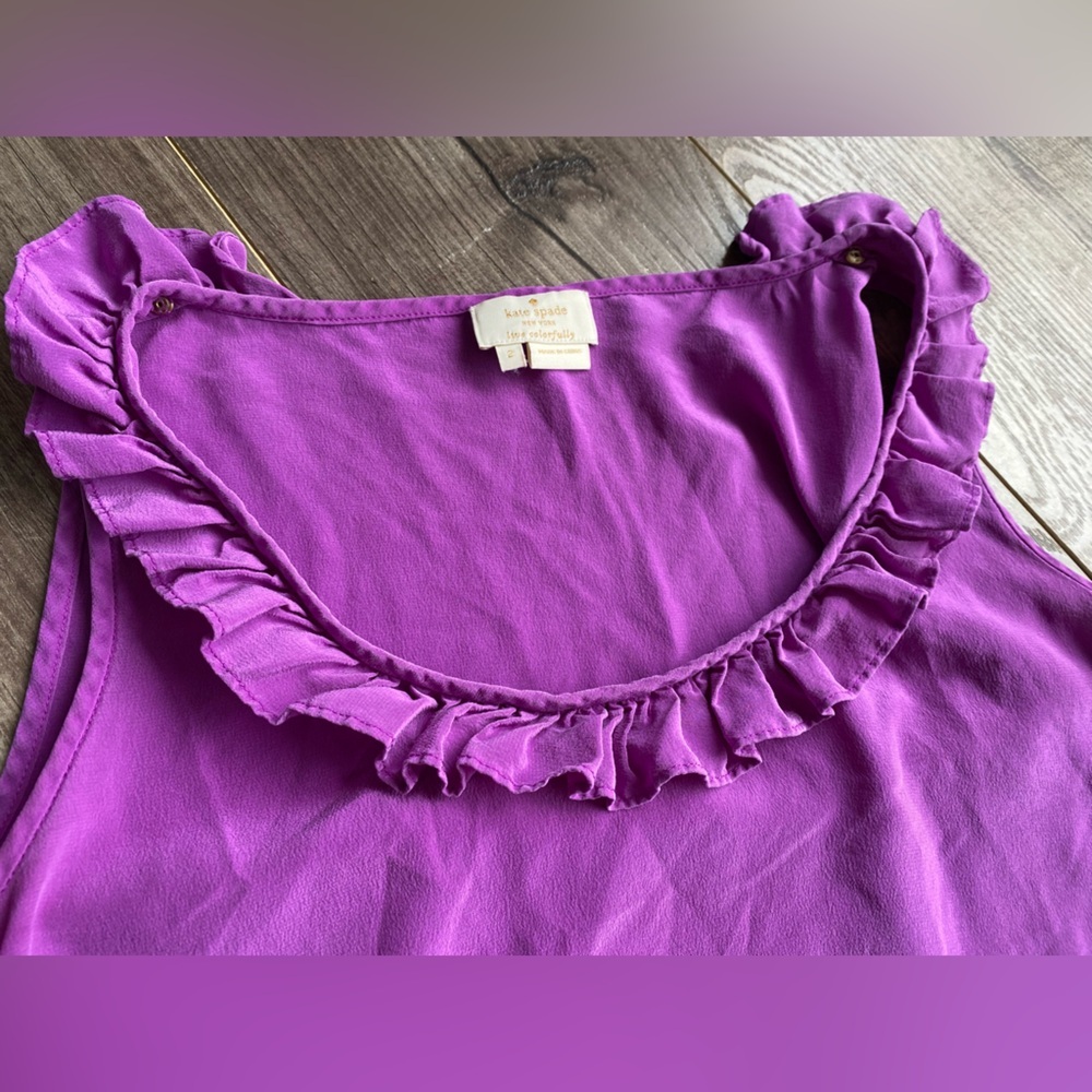 Kate Spade 100% SILK “live colorfully” fuchsia/purple ruffled collar tank blouse - Picture 2 of 6